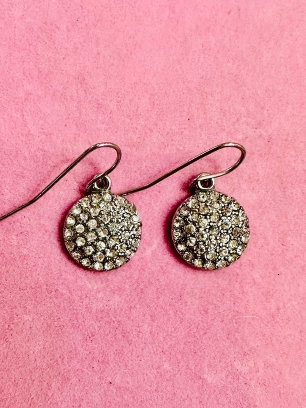 Silver Tone Pave Crystal Disc Drop Earrings